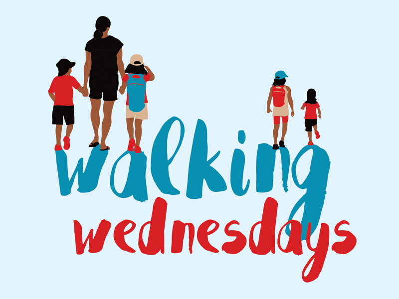 Illustration of children walking with an adult for Walking Wednesdays