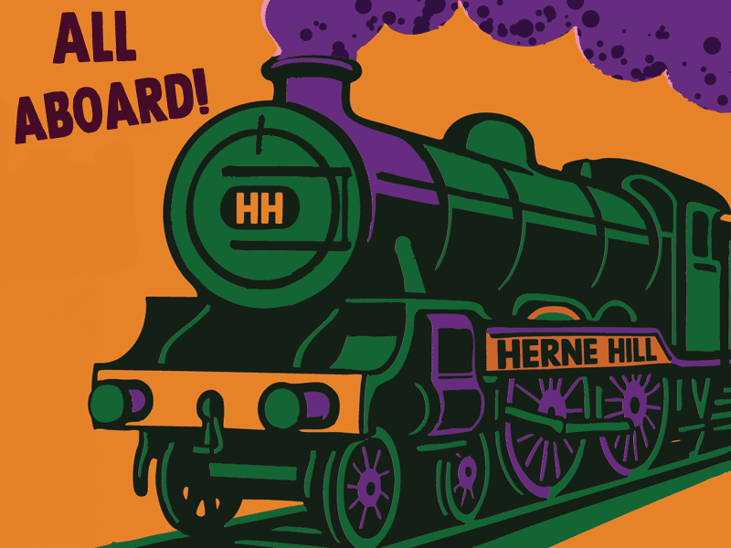 Colourful illustration of a Nelson-class train engine with the words "Herne Hill" on its side , smoke coming out of the chimney and the words All Aboard! written beside it.