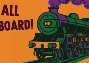 Colourful illustration of a Nelson-class train engine with the words "Herne Hill" on its side , smoke coming out of the chimney and the words All Aboard! written beside it.